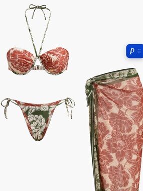 Floral Tie-Side Bikini Set with Sarong - Green & Rust
